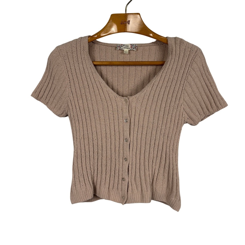 Pink Republic L Ribbed Knit Short Sleeve Cardigan Beige Button Front Stretch Top